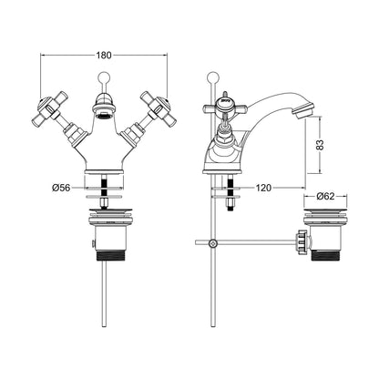[BTKI805X] Balterley Hanchurch Traditional Mono Basin Mixer Tap - Chrome or Brushed Brass - Technical Drawing