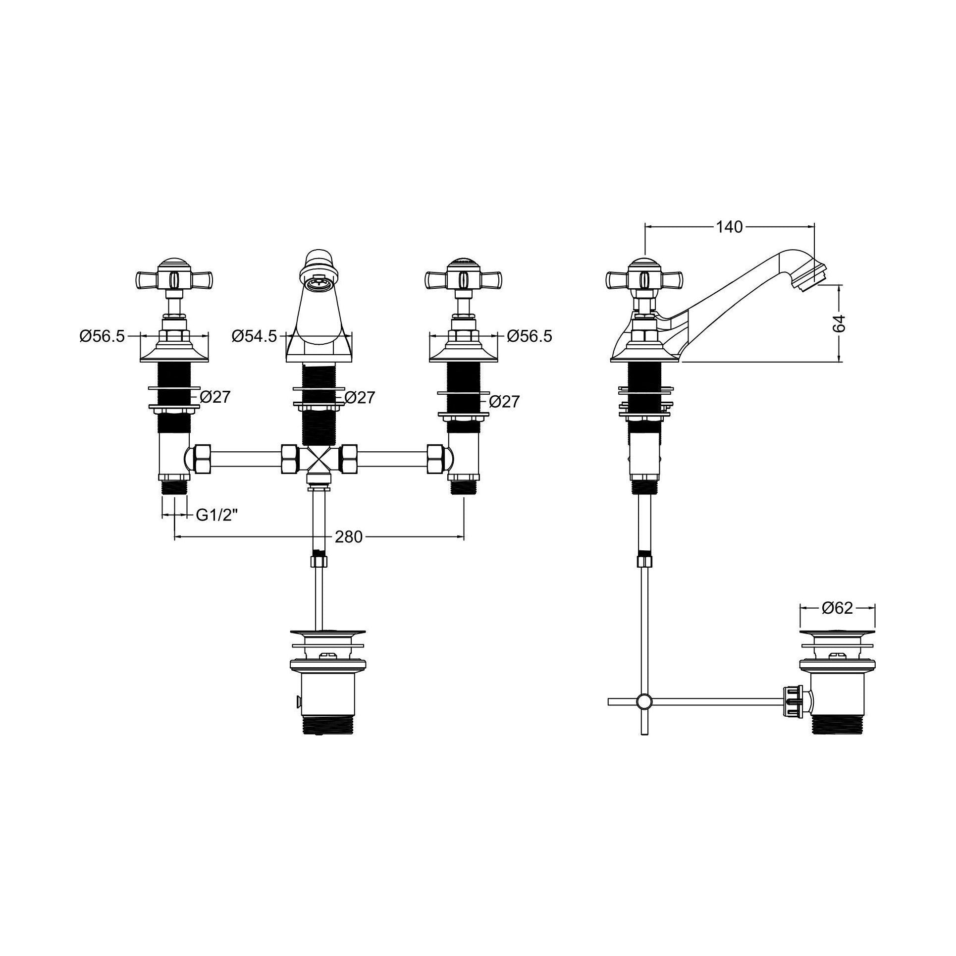 [BTKI807X] Balterley Hanchurch Traditional 3 Tap Hole Basin Tap - Chrome or Brushed Brass - Technical Drawing