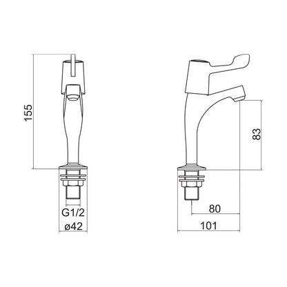 [BTLEV02] Contemporary Bathroom Bath Pillar Taps – Lever Handles, 110 x 154mm, Chrome - Technical Drawing