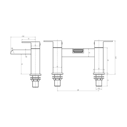 [BTMI303] Square Deck Mounted Bath Shower Mixer Tap - Chrome - Technical Drawing