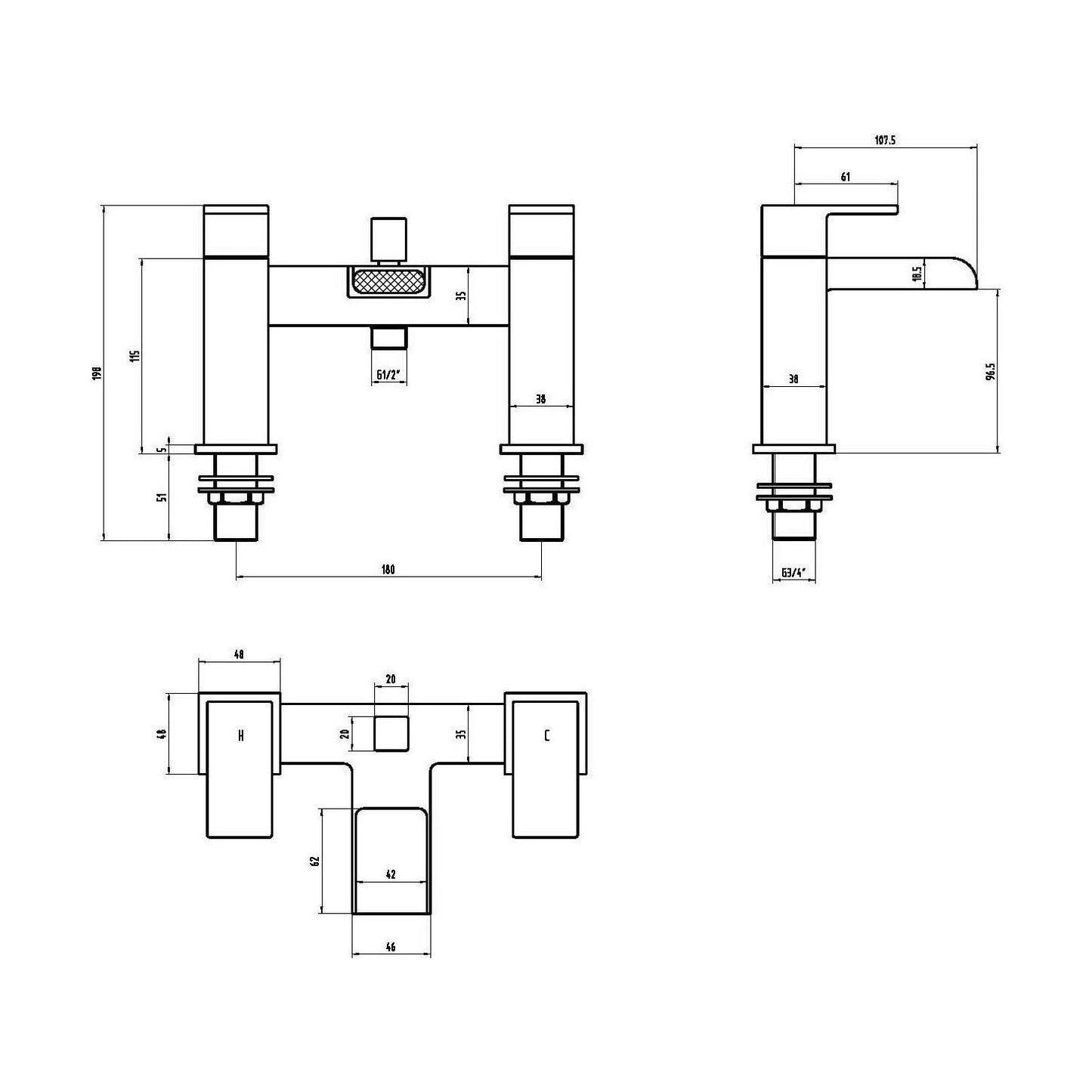 [BTMI304] Square Bath Filler Tap with Shower Kit - Chrome - Technical Drawing