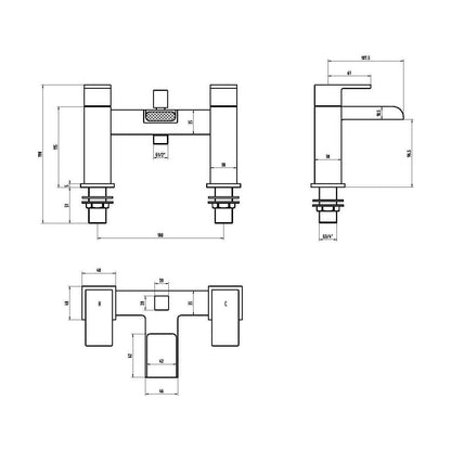 [BTMI304] Square Bath Filler Tap with Shower Kit - Chrome - Technical Drawing