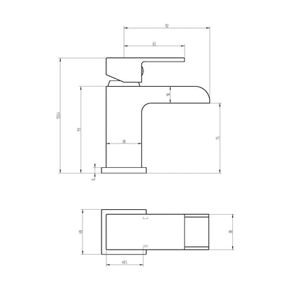 [BTMI305] Square Single Lever Mono Basin Mixer Tap with Push Button Waste - Chrome - Technical Drawing