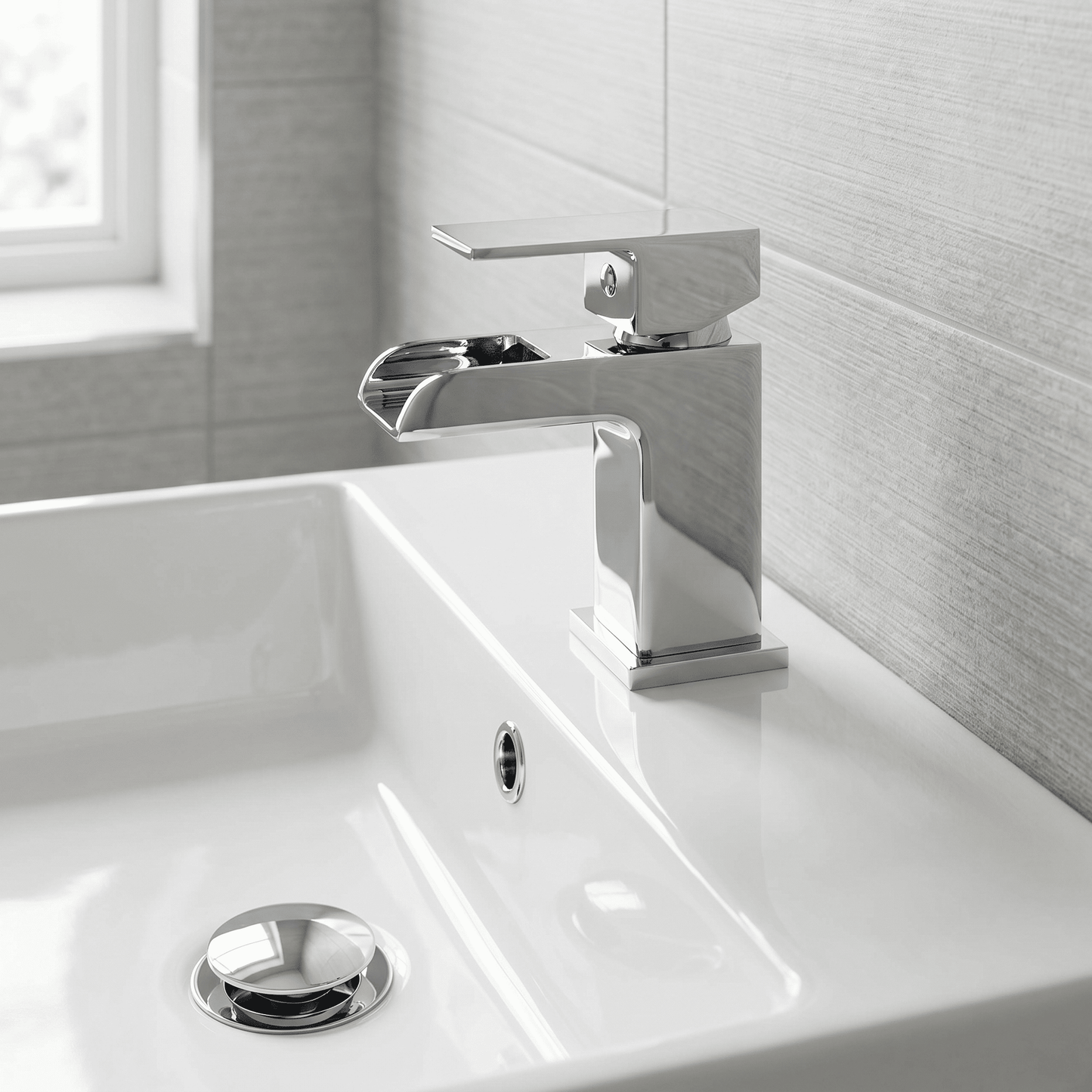 [BTMI305] Rownall Square Single Lever Mono Basin Mixer Tap with Push Button Waste - Chrome - Silo