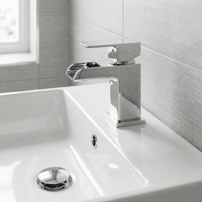 [BTMI305] Rownall Square Single Lever Mono Basin Mixer Tap with Push Button Waste - Chrome - Silo