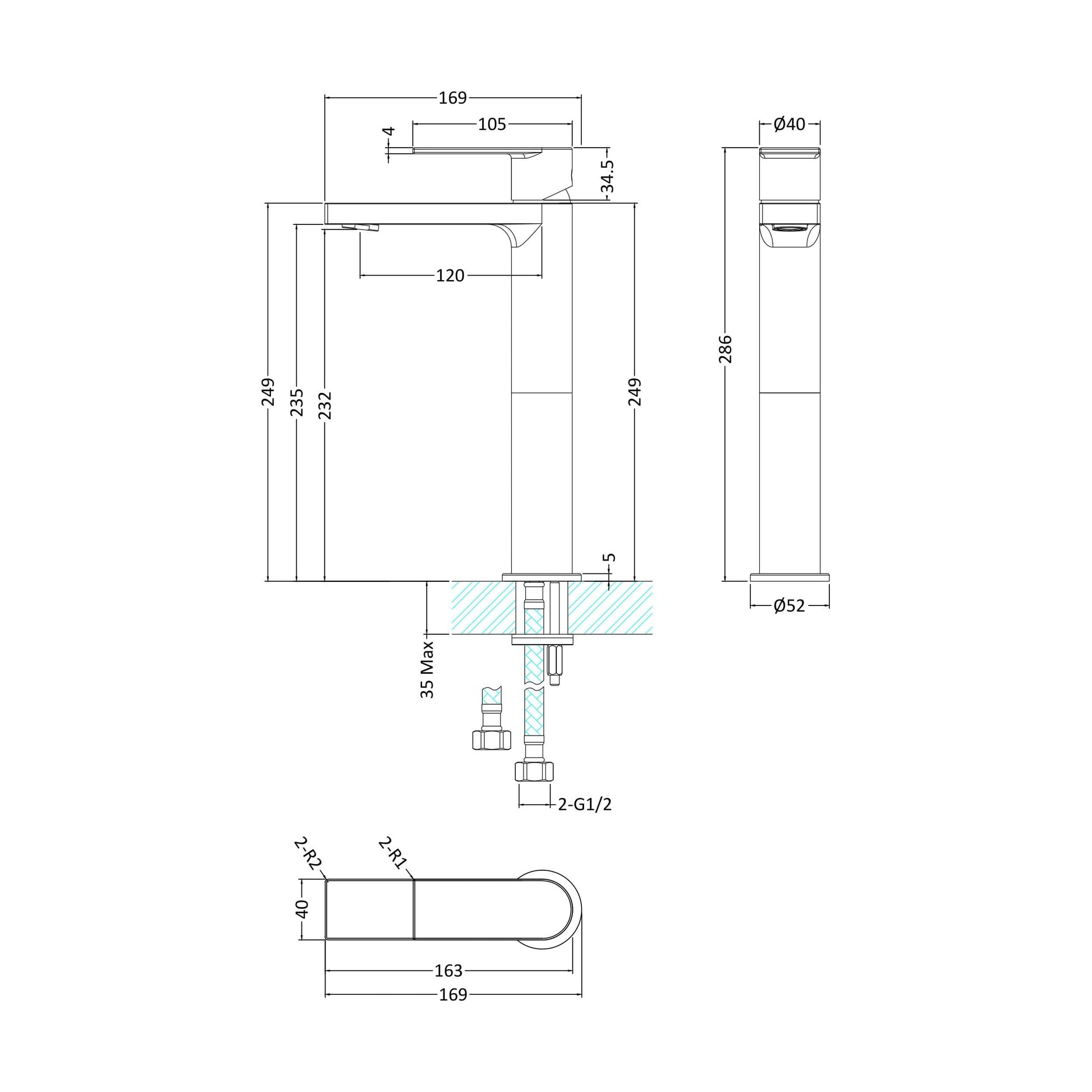 [BTOT370] Tall Mono Basin Mixer P/B Waste - Technical Drawing