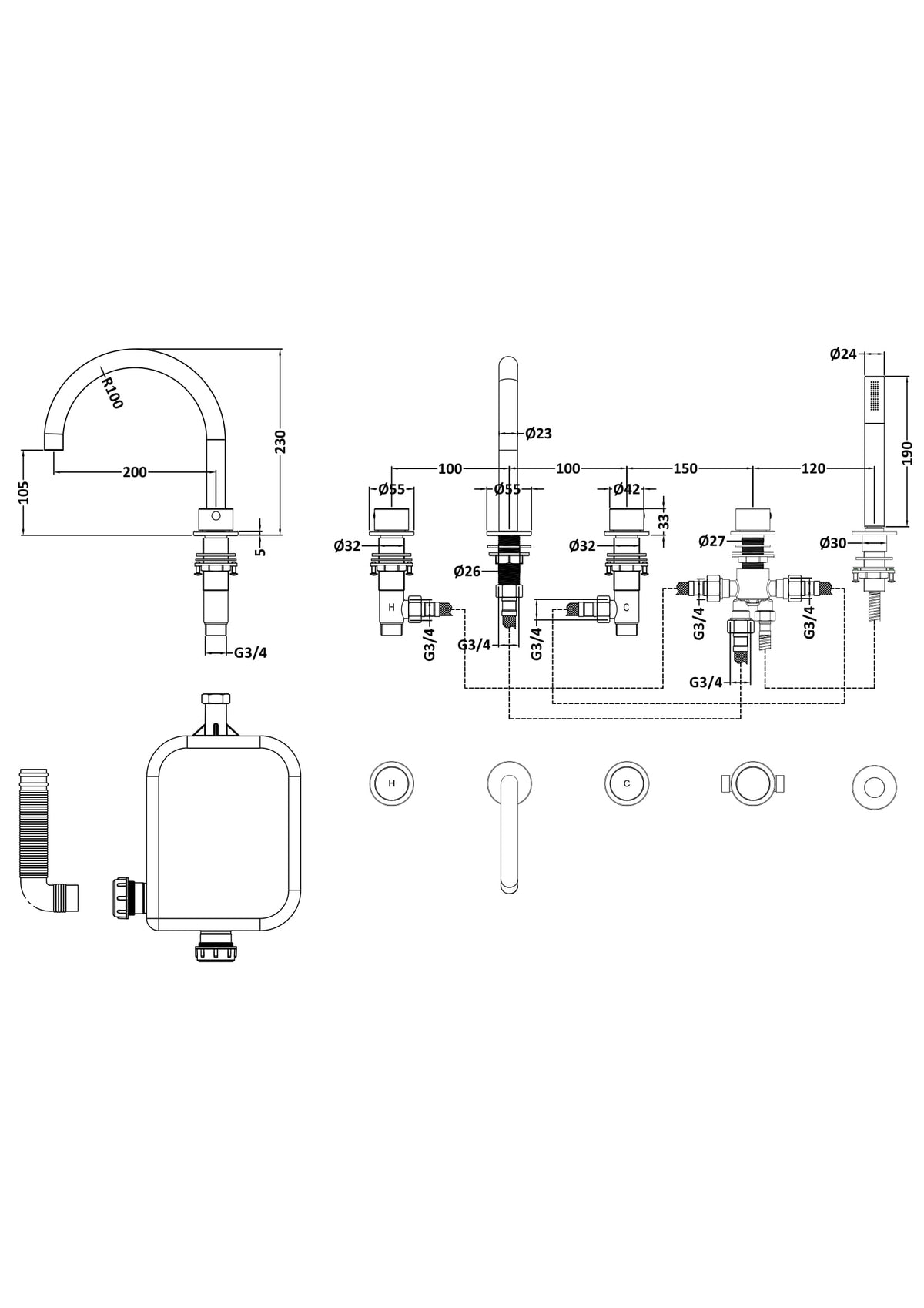 [BTP314C] Hademore Contemporary 5 Tap Hole Deck Mounted Bath Shower Mixer Tap with Round Handles and Shower Kit - Choice of Spout and Colour - Line Drawing