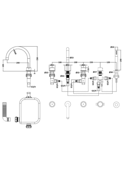 [BTP314C] Hademore Contemporary 5 Tap Hole Deck Mounted Bath Shower Mixer Tap with Round Handles and Shower Kit - Choice of Spout and Colour - Line Drawing