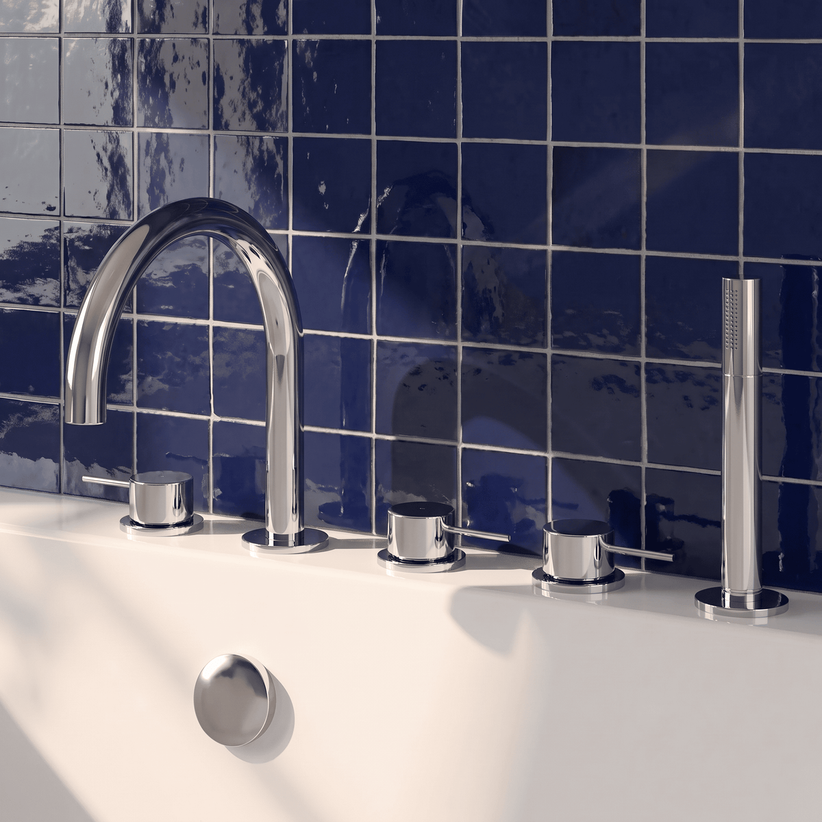 [BTP314C] Hademore Contemporary 5 Tap Hole Deck Mounted Bath Shower Mixer Tap with Round Handles and Shower Kit - Choice of Spout and Colour - Lifestyle 1