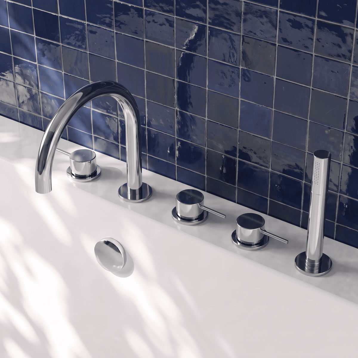 [BTP314C] Hademore Contemporary 5 Tap Hole Deck Mounted Bath Shower Mixer Tap with Round Handles and Shower Kit - Choice of Spout and Colour - Lifestyle 2
