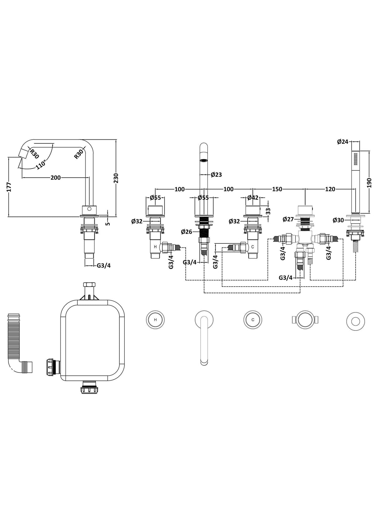 [BTP314P] Hademore Contemporary 5 Tap Hole Deck Mounted Bath Shower Mixer Tap with Round Handles and Shower Kit - Choice of Spout and Colour - Line Drawing