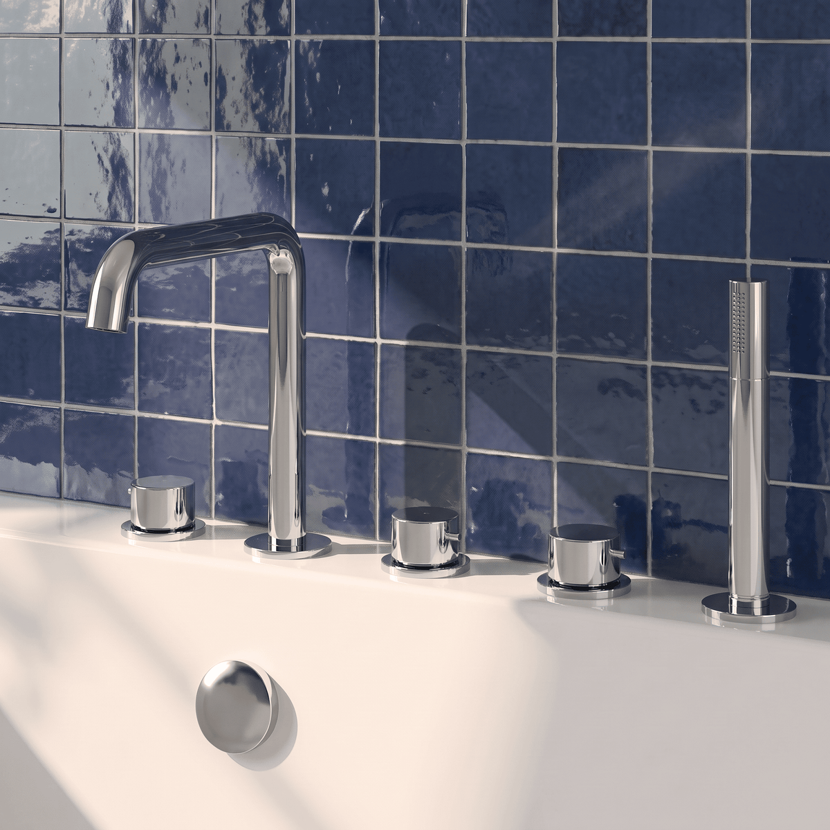 [BTP314P] Hademore Contemporary 5 Tap Hole Deck Mounted Bath Shower Mixer Tap with Round Handles and Shower Kit - Choice of Spout and Colour - Lifestyle 1