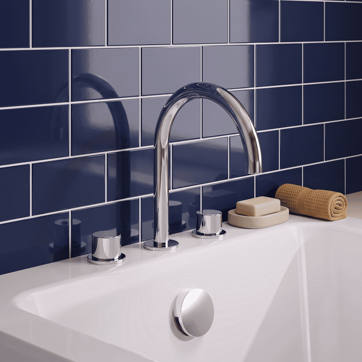 [BTP333C] Hademore Contemporary 3 Tap Hole Deck Mounted Bath Mixer Tap with Round Handles - Choice of Spout and Colour - Lifestyle 1