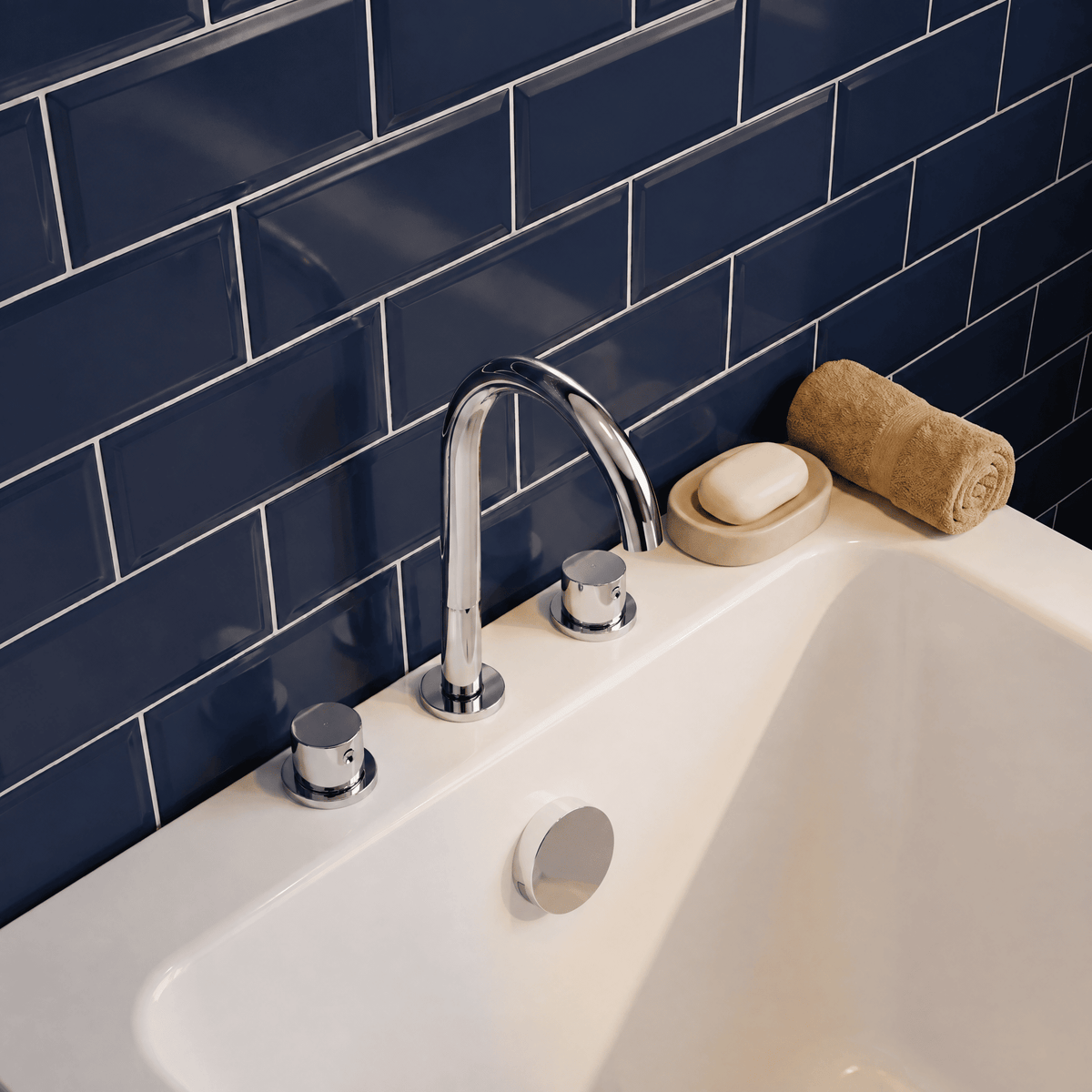 [BTP333C] Hademore Contemporary 3 Tap Hole Deck Mounted Bath Mixer Tap with Round Handles - Choice of Spout and Colour - Lifestyle 2