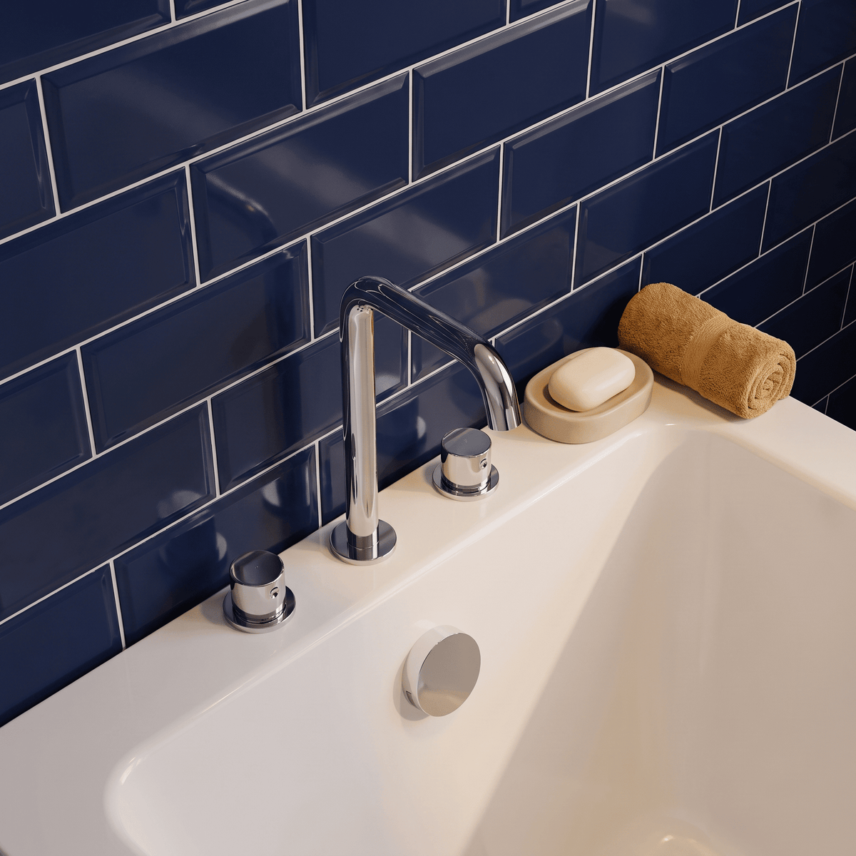[BTP333P] Hademore Contemporary 3 Tap Hole Deck Mounted Bath Mixer Tap with Round Handles - Choice of Spout and Colour - Lifestyle 2