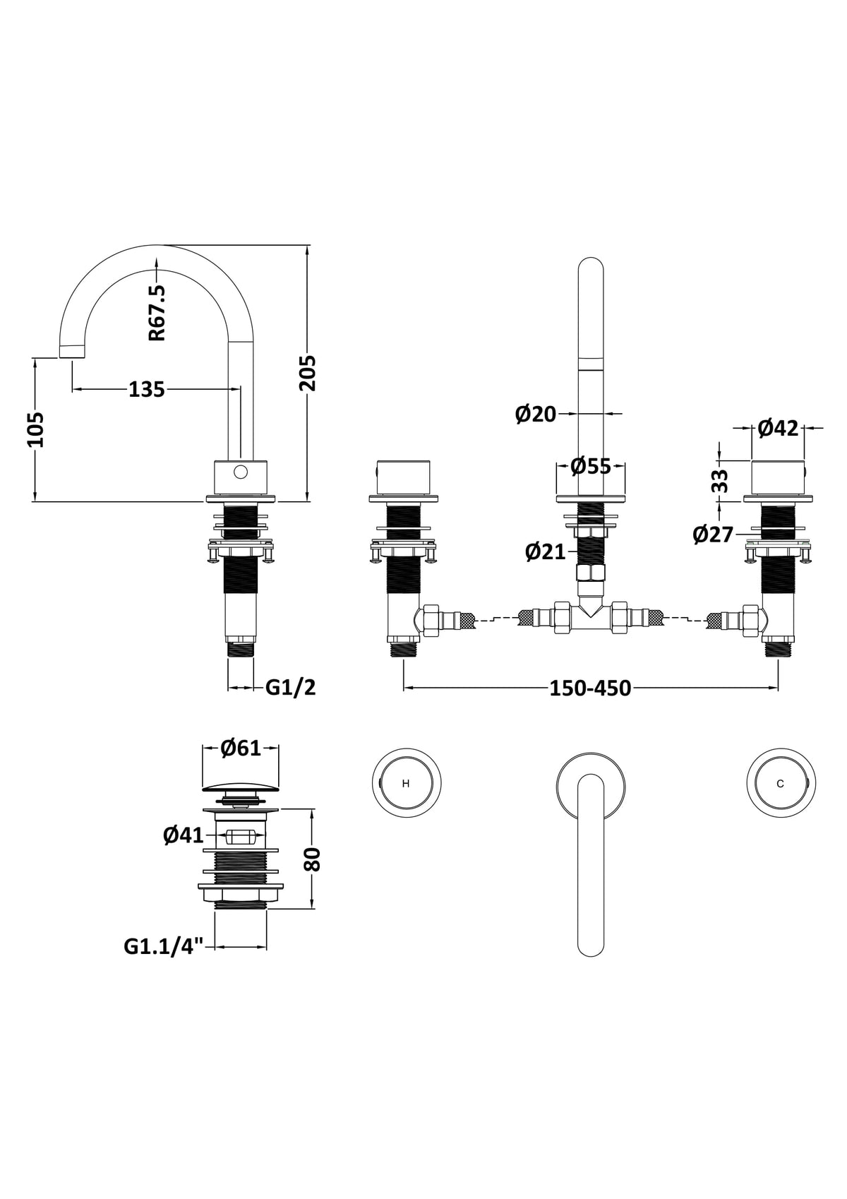 [BTP337C] Hademore Contemporary 3 Tap Hole Basin Mixer Tap with Round Handles and Waste - Choice of Spout and Colour - Line Drawing