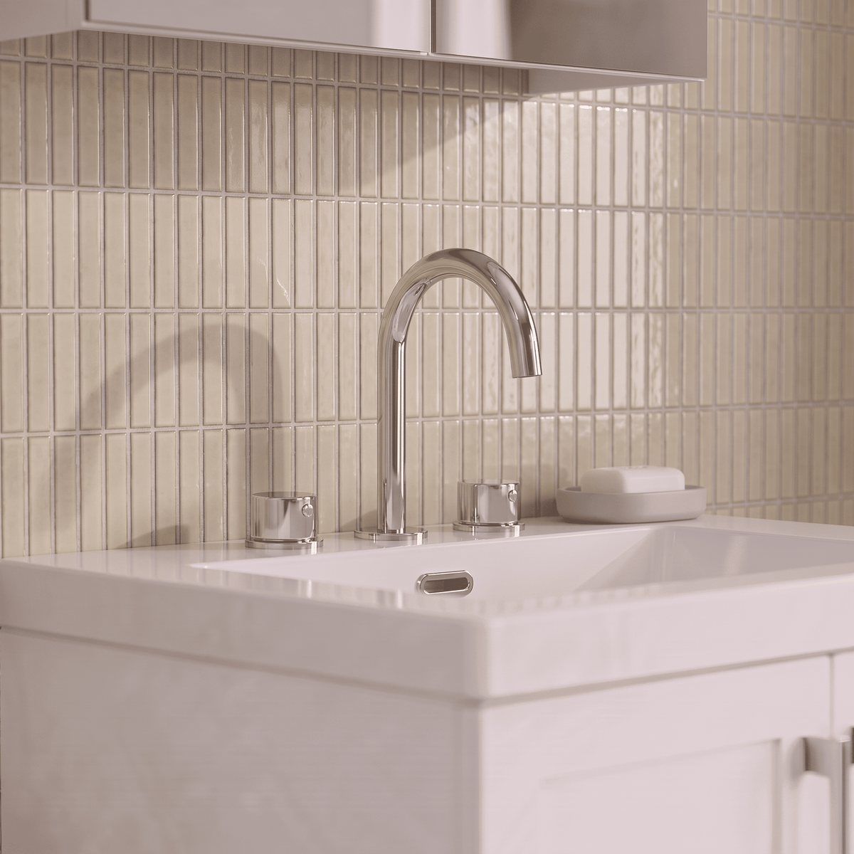 [BTP337C] Hademore Contemporary 3 Tap Hole Basin Mixer Tap with Round Handles and Waste - Choice of Spout and Colour - Lifestyle 1