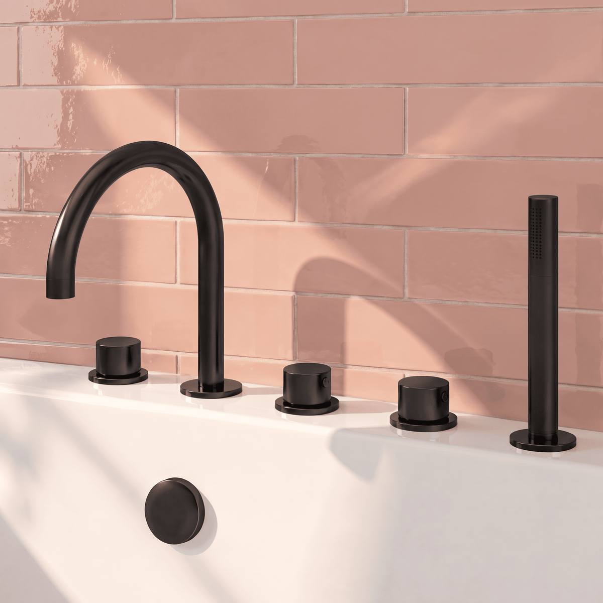 [BTP414C] Hademore Contemporary 5 Tap Hole Deck Mounted Bath Shower Mixer Tap with Round Handles and Shower Kit - Choice of Spout and Colour - Lifestyle 1