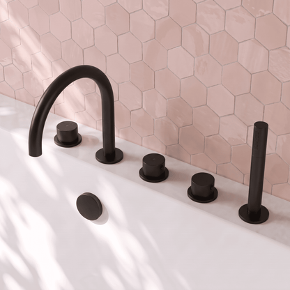 [BTP414C] Hademore Contemporary 5 Tap Hole Deck Mounted Bath Shower Mixer Tap with Round Handles and Shower Kit - Choice of Spout and Colour - Lifestyle 2