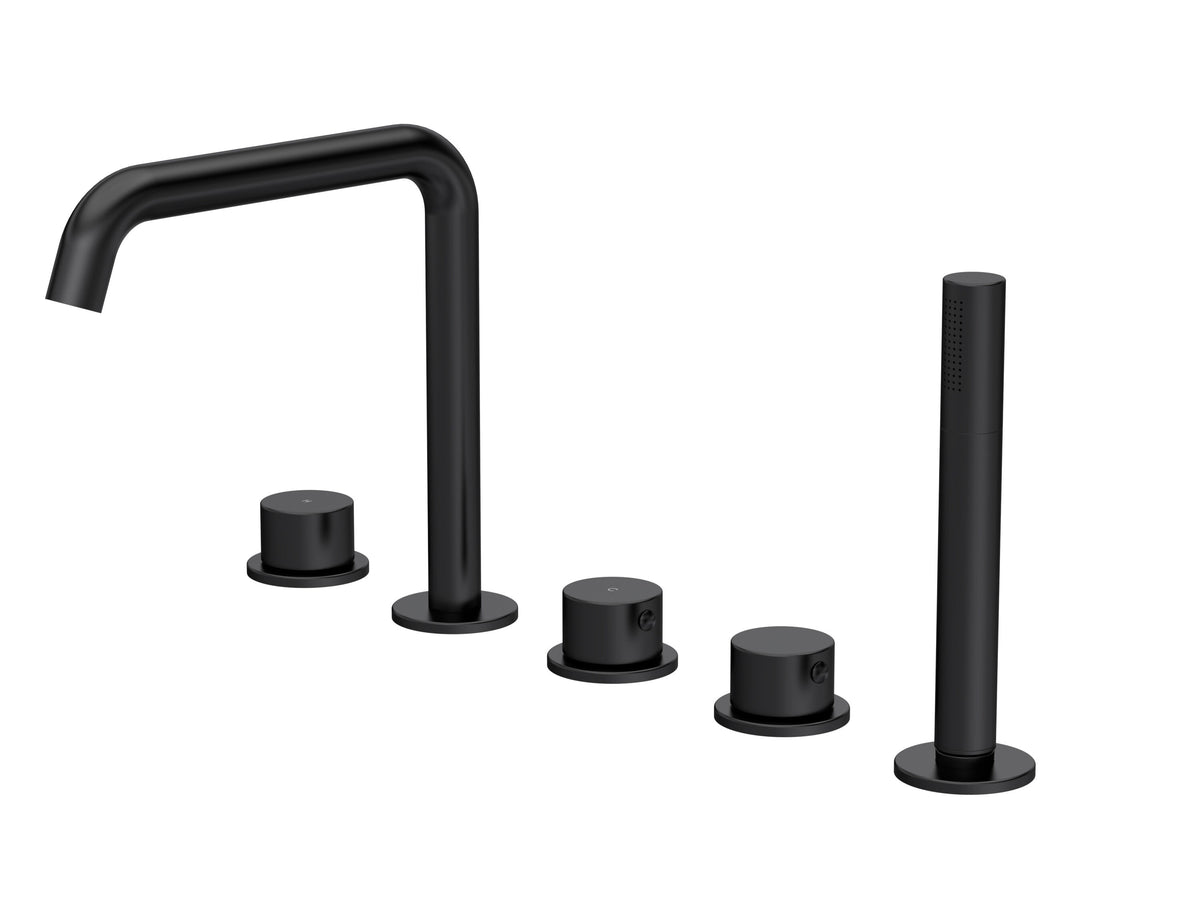 [BTP414P] Hademore Contemporary 5 Tap Hole Deck Mounted Bath Shower Mixer Tap with Round Handles and Shower Kit - Choice of Spout and Colour - Cutout