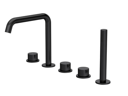 [BTP414P] Hademore Contemporary 5 Tap Hole Deck Mounted Bath Shower Mixer Tap with Round Handles and Shower Kit - Choice of Spout and Colour - Cutout