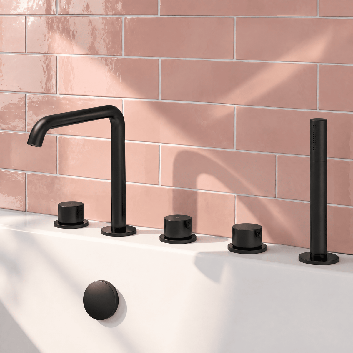 [BTP414P] Hademore Contemporary 5 Tap Hole Deck Mounted Bath Shower Mixer Tap with Round Handles and Shower Kit - Choice of Spout and Colour - Lifestyle 1