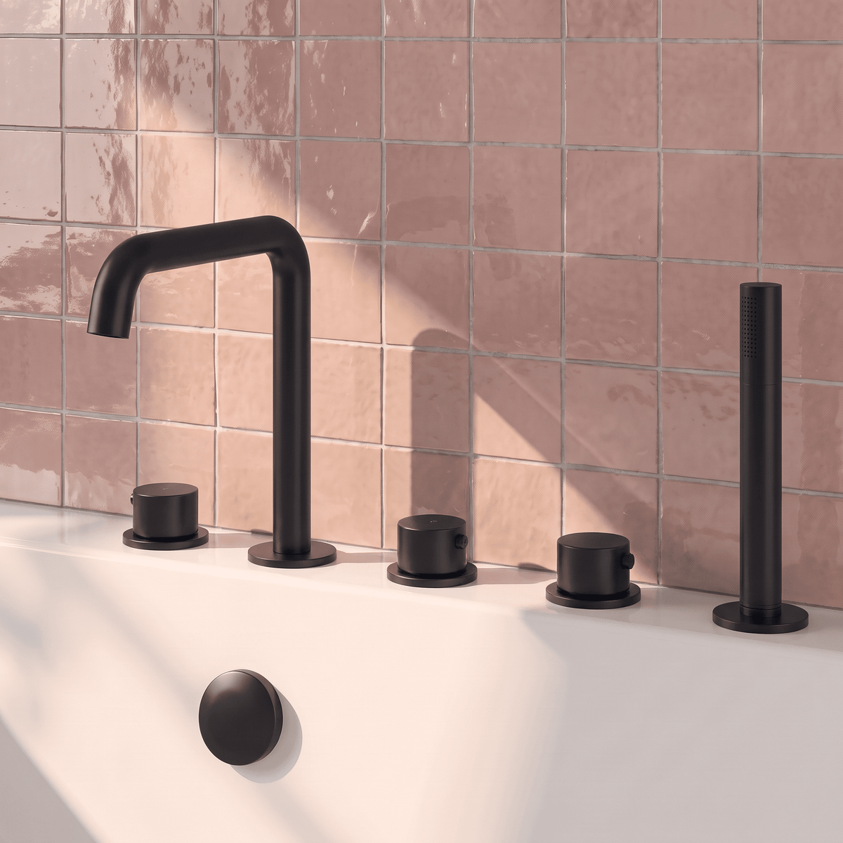 [BTP414P] Hademore Contemporary 5 Tap Hole Deck Mounted Bath Shower Mixer Tap with Round Handles and Shower Kit - Choice of Spout and Colour - Lifestyle 2