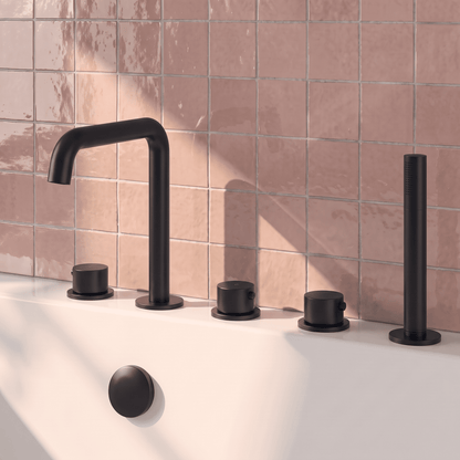 [BTP414P] Hademore Contemporary 5 Tap Hole Deck Mounted Bath Shower Mixer Tap with Round Handles and Shower Kit - Choice of Spout and Colour - Lifestyle 2