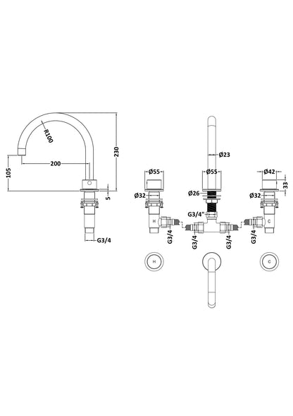 [BTP433C] Hademore Contemporary 3 Tap Hole Deck Mounted Bath Mixer Tap with Round Handles - Choice of Spout and Colour - Line Drawing