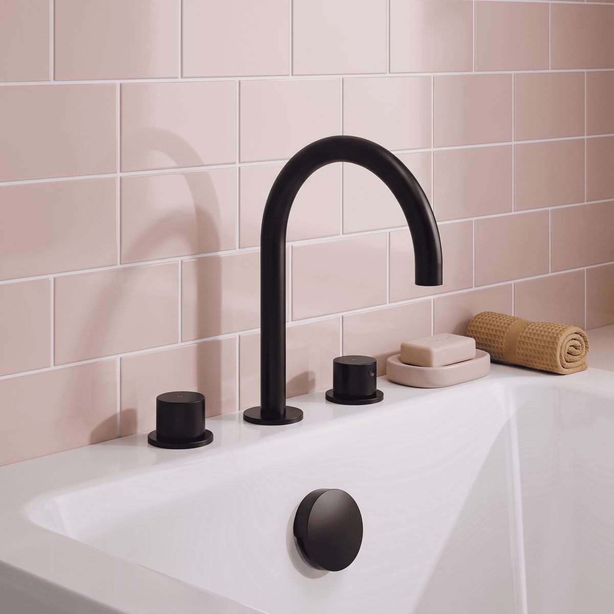 [BTP433C] Hademore Contemporary 3 Tap Hole Deck Mounted Bath Mixer Tap with Round Handles - Choice of Spout and Colour - Lifestyle 1
