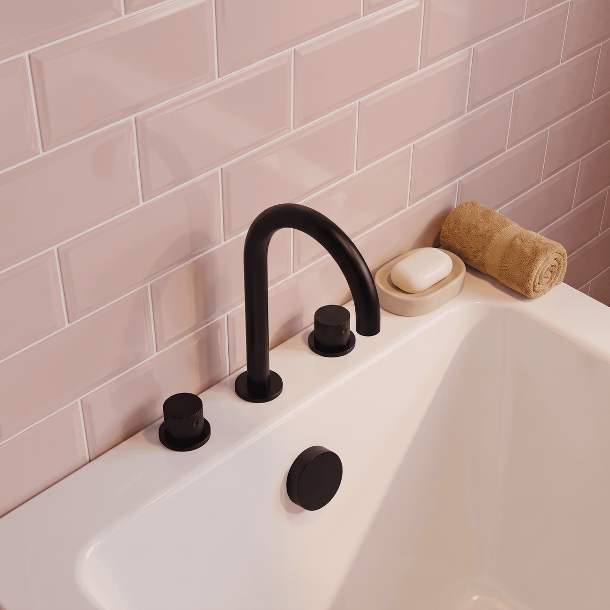 [BTP433C] Hademore Contemporary 3 Tap Hole Deck Mounted Bath Mixer Tap with Round Handles - Choice of Spout and Colour - Lifestyle 2