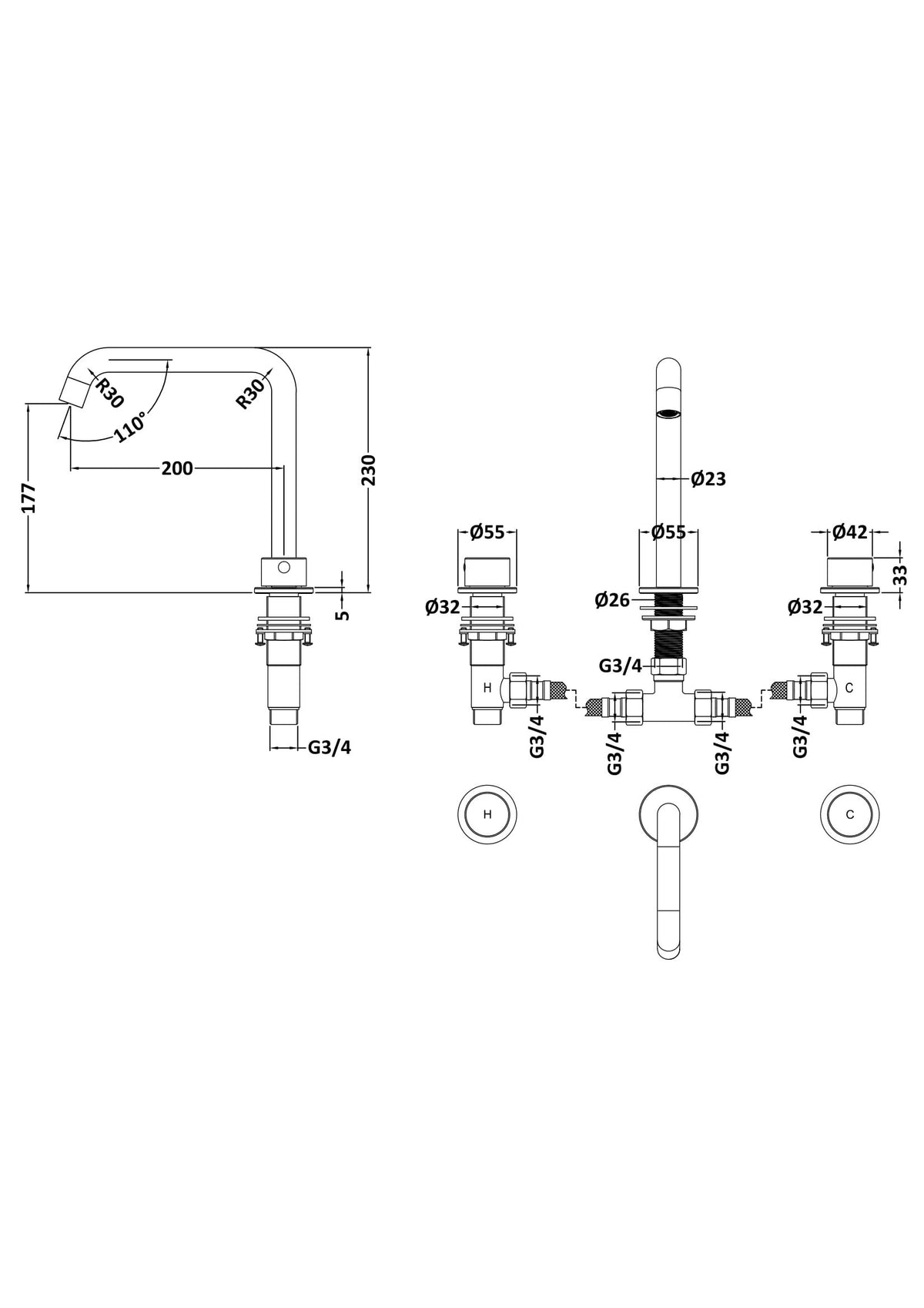 [BTP433P] Hademore Contemporary 3 Tap Hole Deck Mounted Bath Mixer Tap with Round Handles - Choice of Spout and Colour - Line Drawing