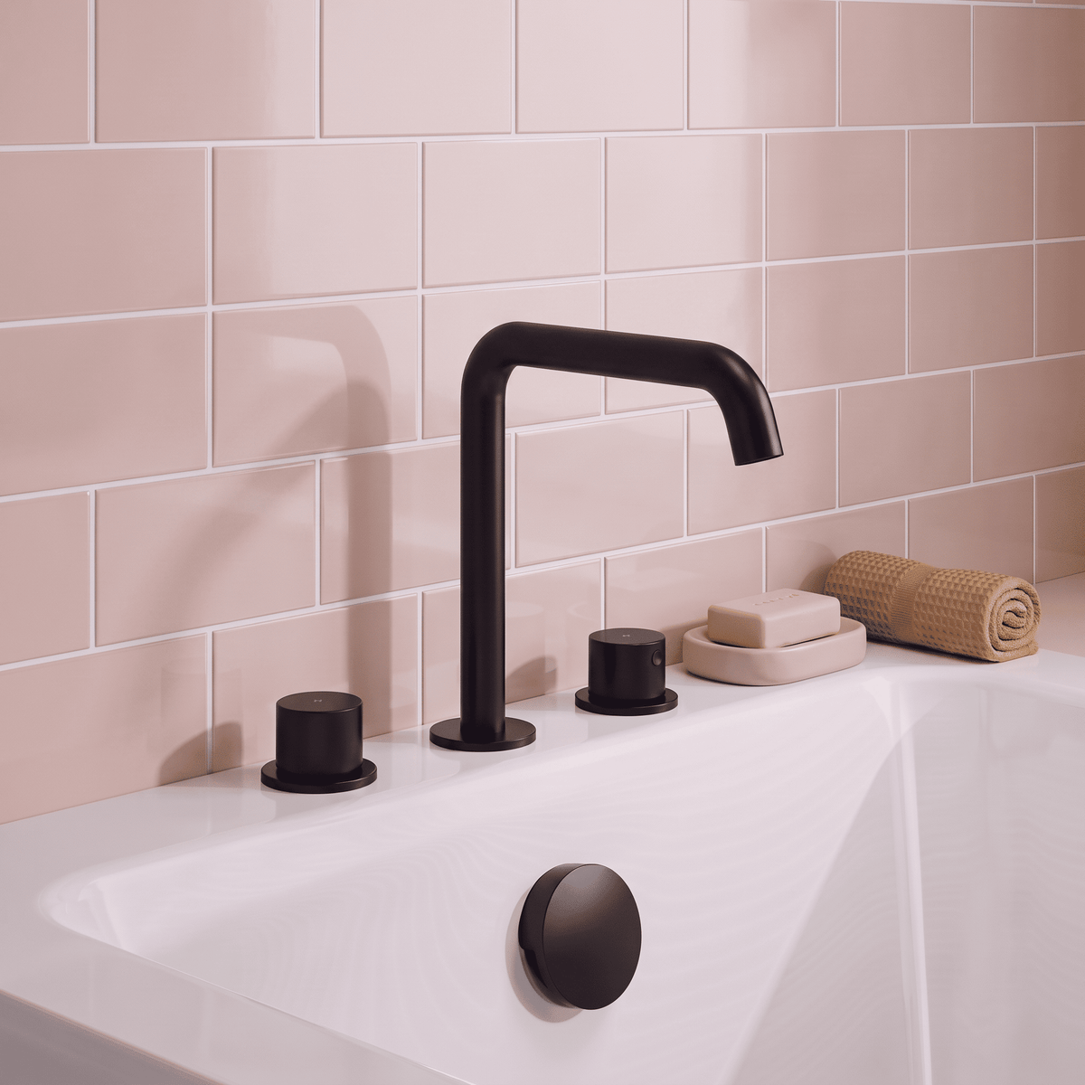 [BTP433P] Hademore Contemporary 3 Tap Hole Deck Mounted Bath Mixer Tap with Round Handles - Choice of Spout and Colour - Lifestyle 1