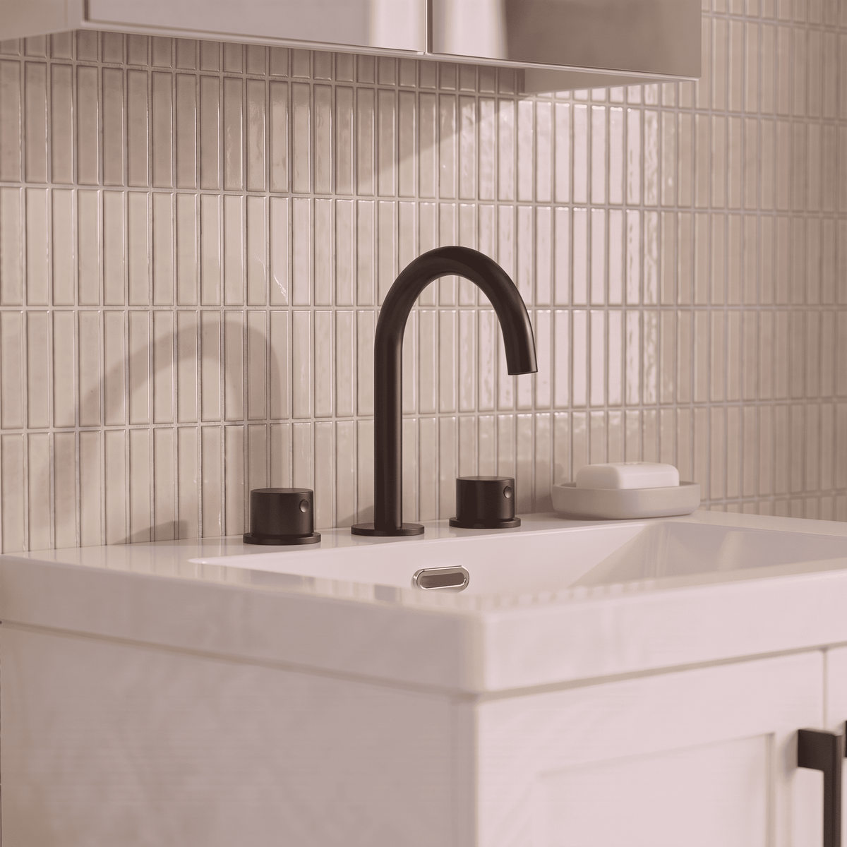 [BTP437C] Hademore Contemporary 3 Tap Hole Basin Mixer Tap with Round Handles and Waste - Choice of Spout and Colour - Lifestyle 1