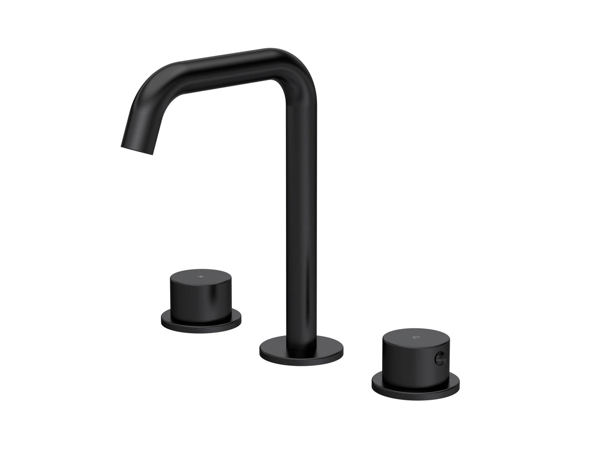 [BTP437P] Hademore Contemporary 3 Tap Hole Basin Mixer Tap with Round Handles and Waste - Choice of Spout and Colour - Cutout