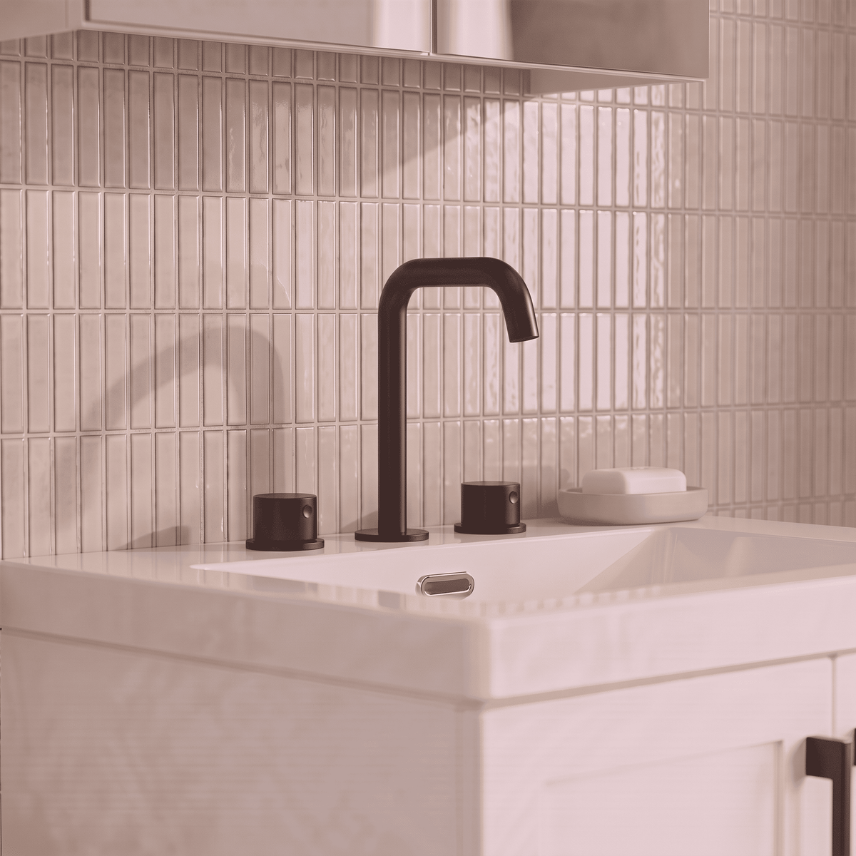 [BTP437P] Hademore Contemporary 3 Tap Hole Basin Mixer Tap with Round Handles and Waste - Choice of Spout and Colour - Lifestyle 1
