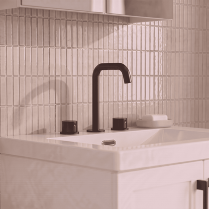 [BTP437P] Hademore Contemporary 3 Tap Hole Basin Mixer Tap with Round Handles and Waste - Choice of Spout and Colour - Lifestyle 1