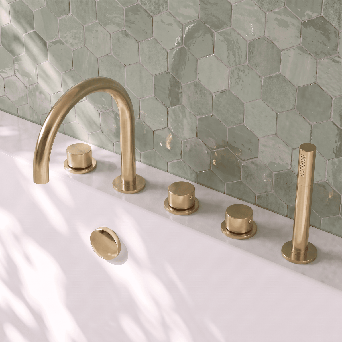 [BTP814C] Hademore Contemporary 5 Tap Hole Deck Mounted Bath Shower Mixer Tap with Round Handles and Shower Kit - Choice of Spout and Colour - Lifestyle 1
