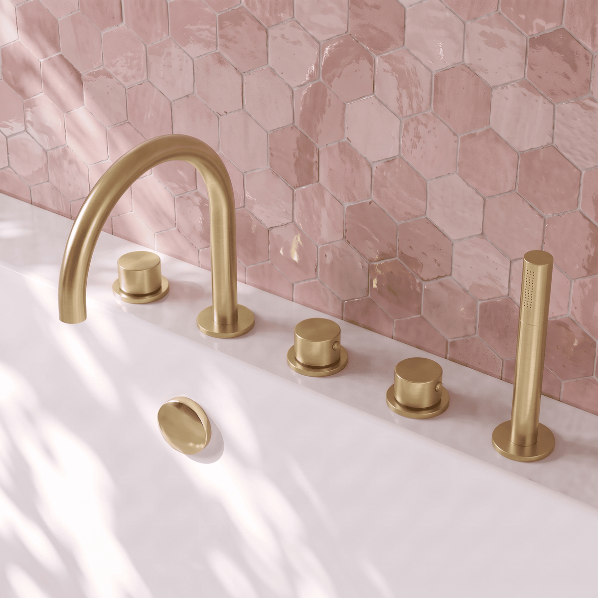 [BTP814C] Hademore Contemporary 5 Tap Hole Deck Mounted Bath Shower Mixer Tap with Round Handles and Shower Kit - Choice of Spout and Colour - Lifestyle 2