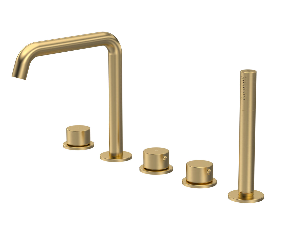 [BTP814P] Hademore Contemporary 5 Tap Hole Deck Mounted Bath Shower Mixer Tap with Round Handles and Shower Kit - Choice of Spout and Colour - Cutout