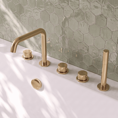 [BTP814P] Hademore Contemporary 5 Tap Hole Deck Mounted Bath Shower Mixer Tap with Round Handles and Shower Kit - Choice of Spout and Colour - Lifestyle 1