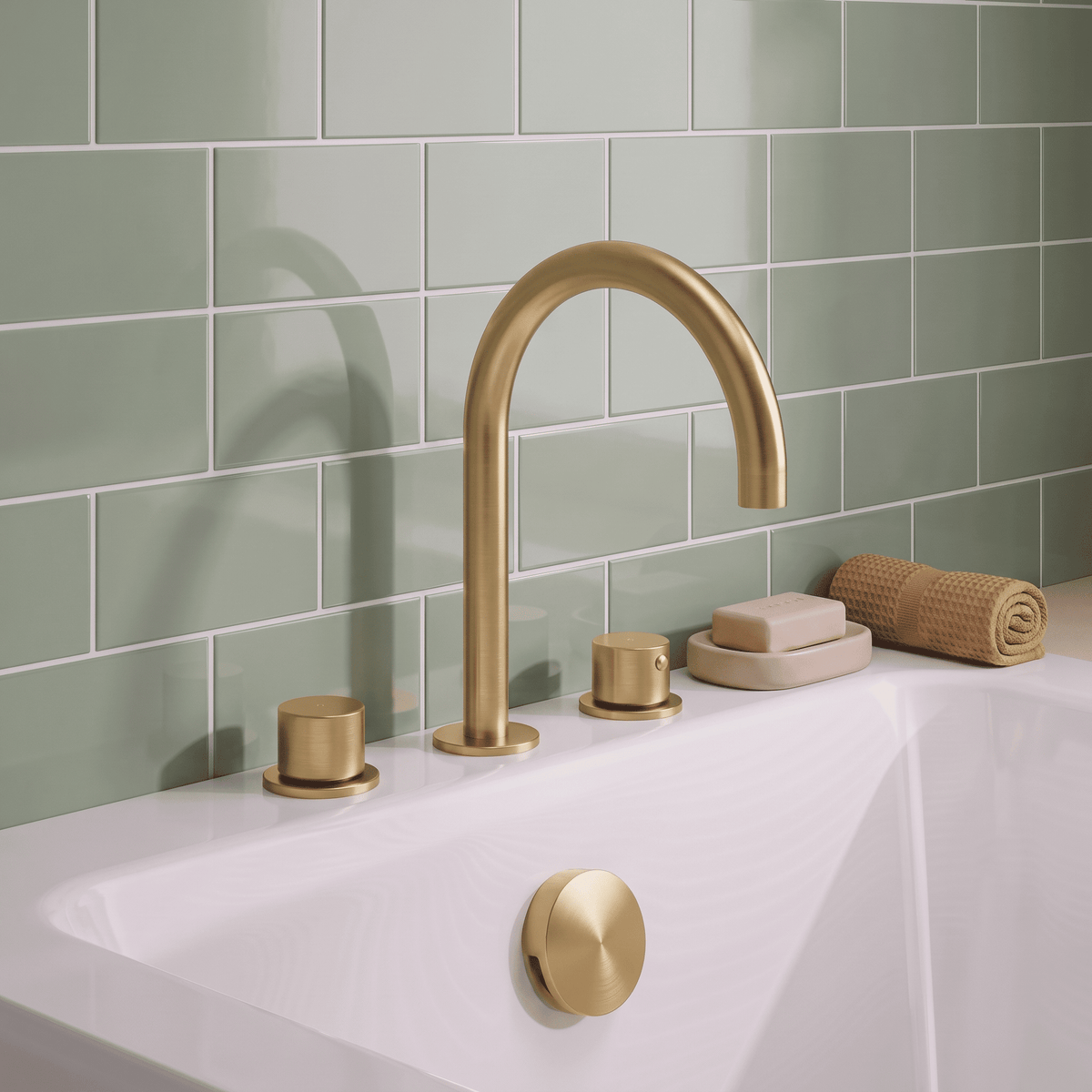[BTP833C] Hademore Contemporary 3 Tap Hole Deck Mounted Bath Mixer Tap with Round Handles - Choice of Spout and Colour - Lifestyle 1