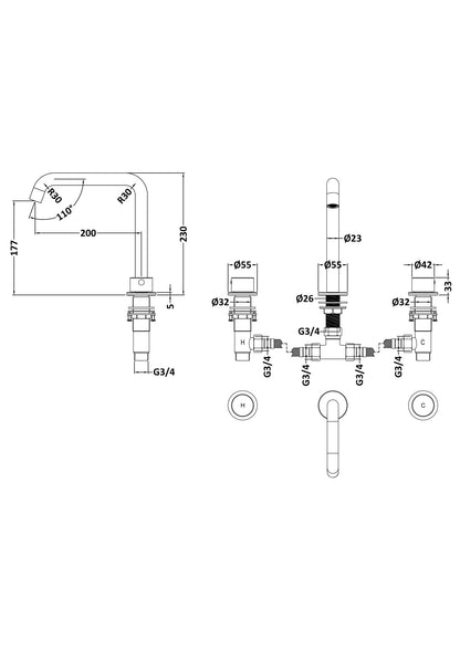 [BTP833P] Hademore Contemporary 3 Tap Hole Deck Mounted Bath Mixer Tap with Round Handles - Choice of Spout and Colour - Line Drawing