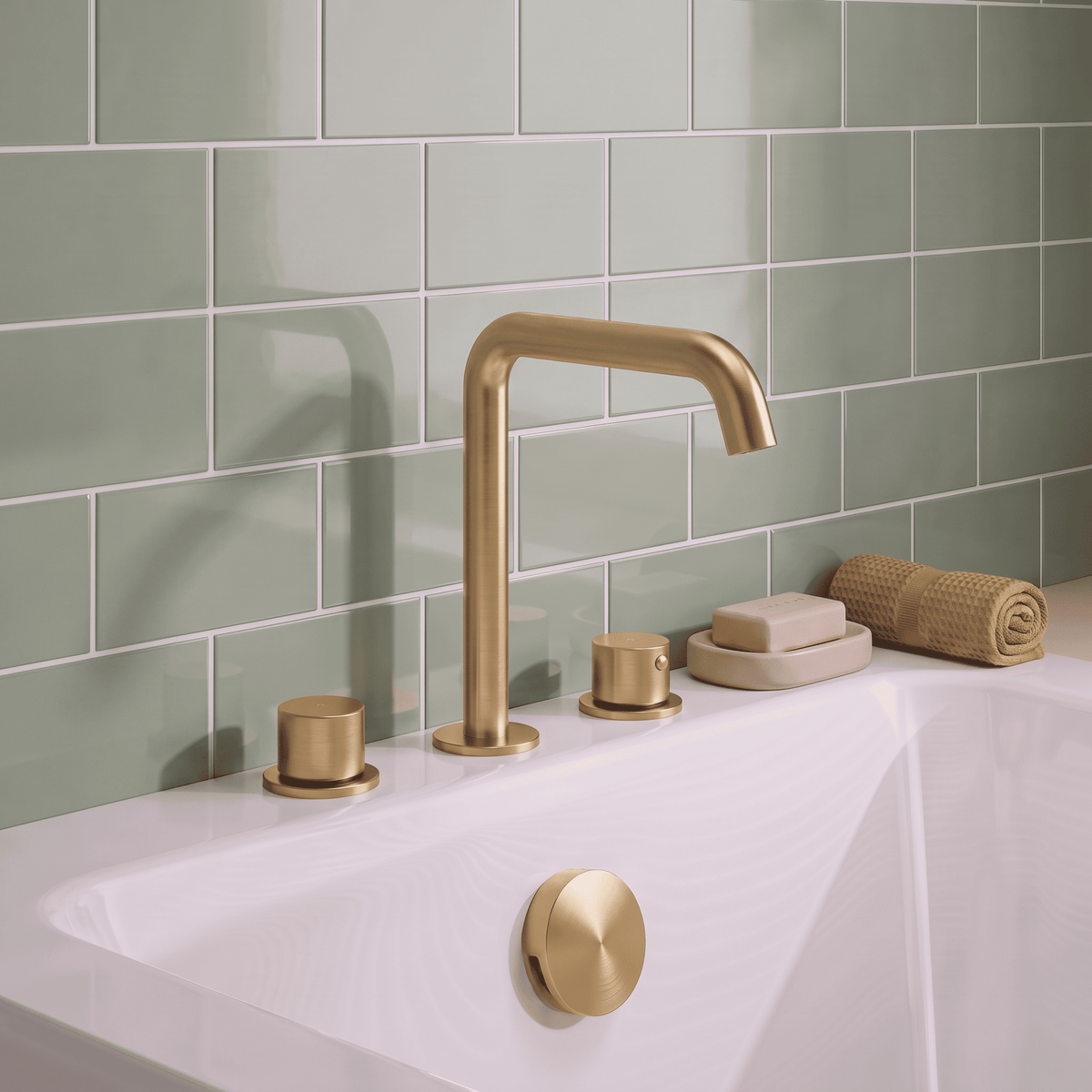 [BTP833P] Hademore Contemporary 3 Tap Hole Deck Mounted Bath Mixer Tap with Round Handles - Choice of Spout and Colour - Lifestyle 1