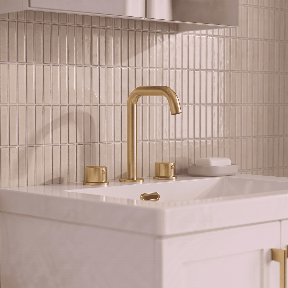 [BTP837P] Hademore Contemporary 3 Tap Hole Basin Mixer Tap with Round Handles and Waste - Choice of Spout and Colour - Lifestyle 1