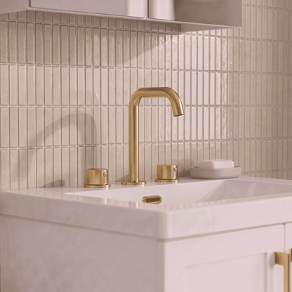 [BTP837P] Hademore Contemporary 3 Tap Hole Basin Mixer Tap with Round Handles and Waste - Choice of Spout and Colour - Lifestyle 1