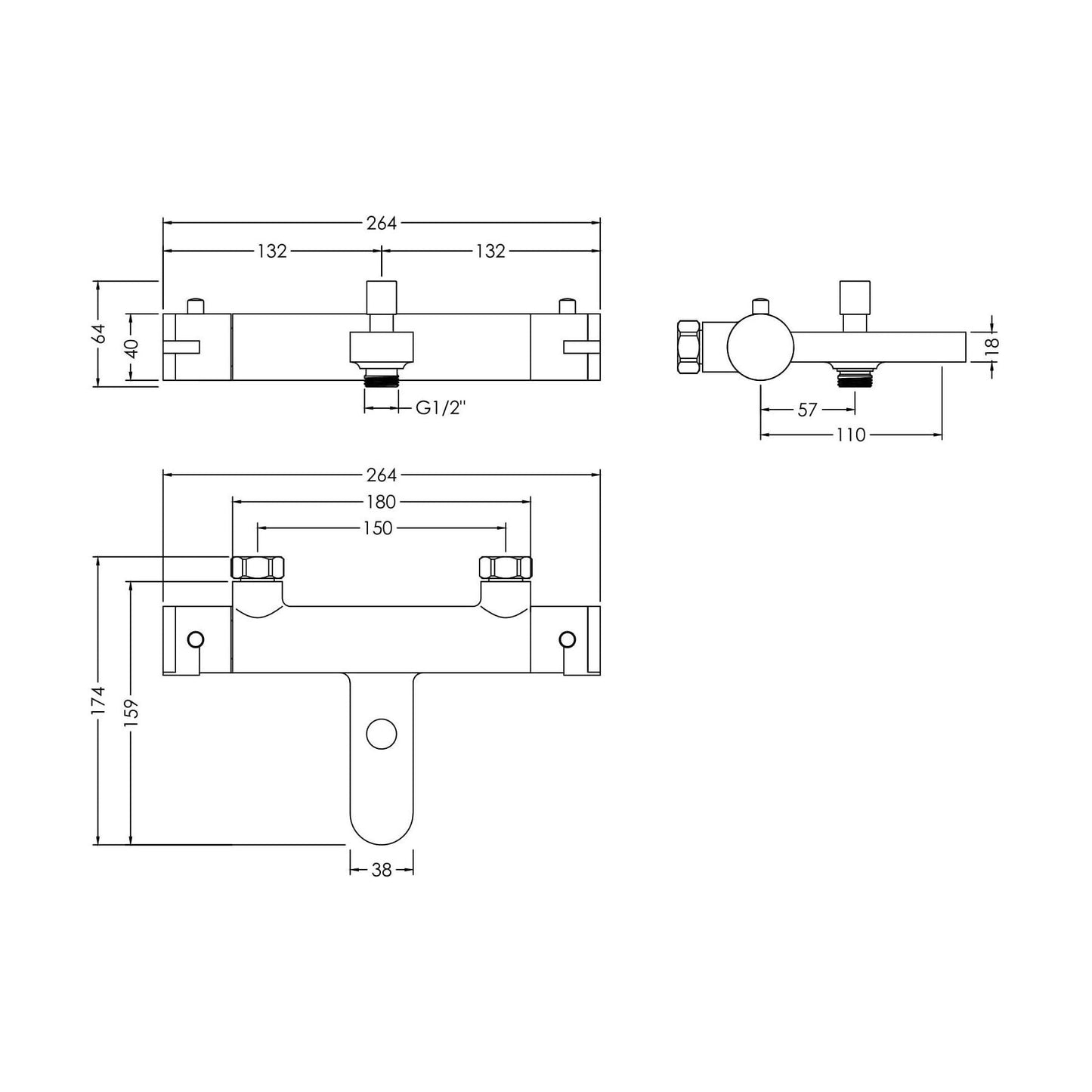 [BTPR005] Balterley Pride Contemporary Round Wall Mount Thermostatic Bath Shower Mixer Bar Valve Tap - Chrome - Technical Drawing