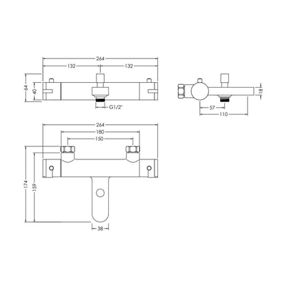[BTPR005] Balterley Pride Contemporary Round Wall Mount Thermostatic Bath Shower Mixer Bar Valve Tap - Chrome - Technical Drawing