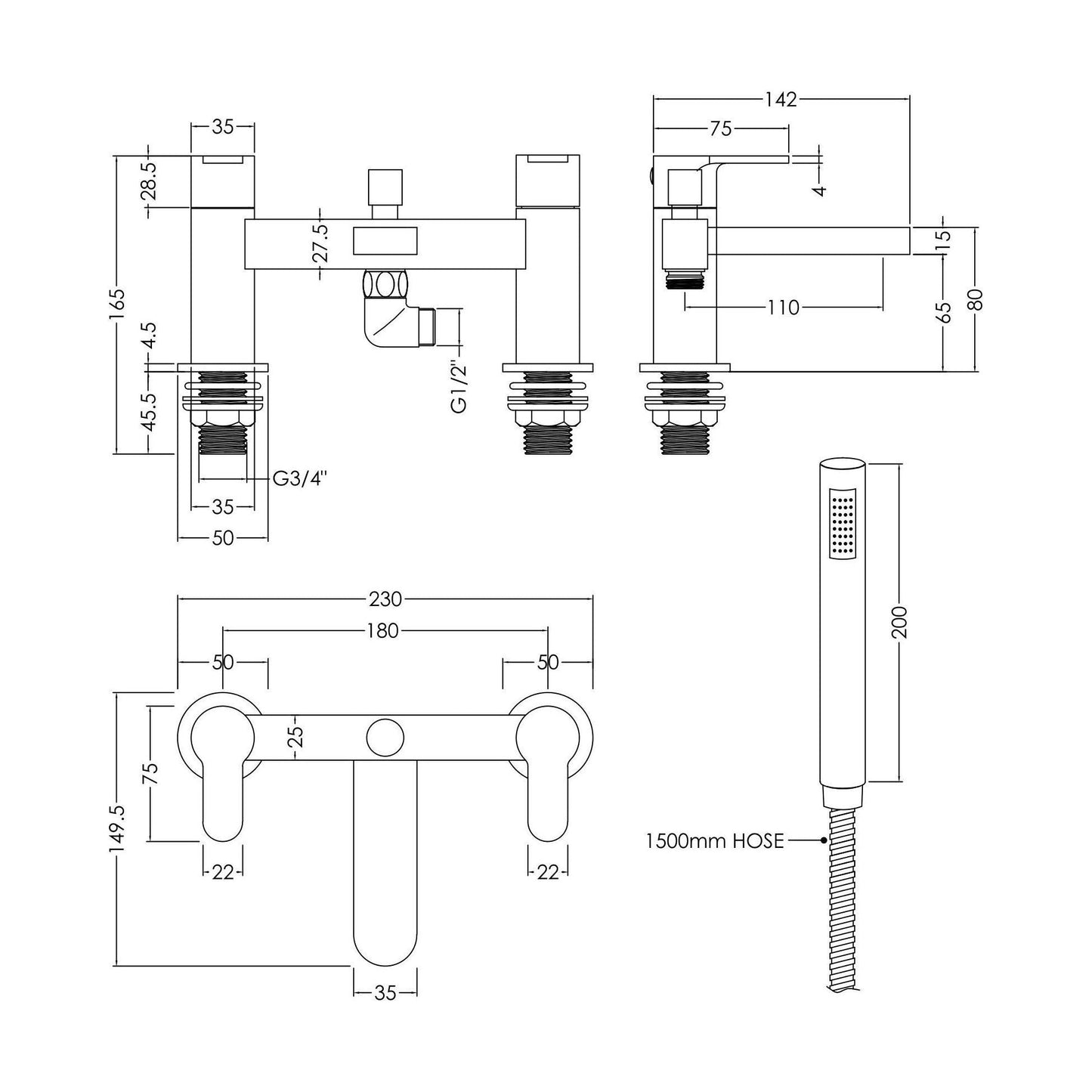 [BTPR304] Balterley Pride Contemporary Bathroom Round Wall Mounted Bath Shower Mixer Tap, 45mm, Chrome - Technical Drawing