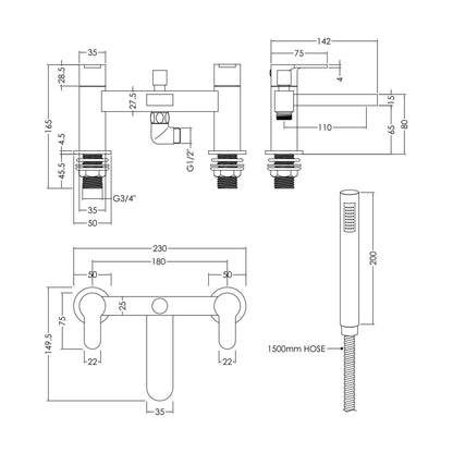 [BTPR304] Balterley Pride Contemporary Bathroom Round Wall Mounted Bath Shower Mixer Tap, 45mm, Chrome - Technical Drawing